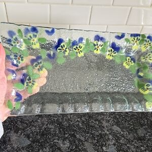 Floral "Pansy" Fused Glass Serving Tray with Scalloped Edges